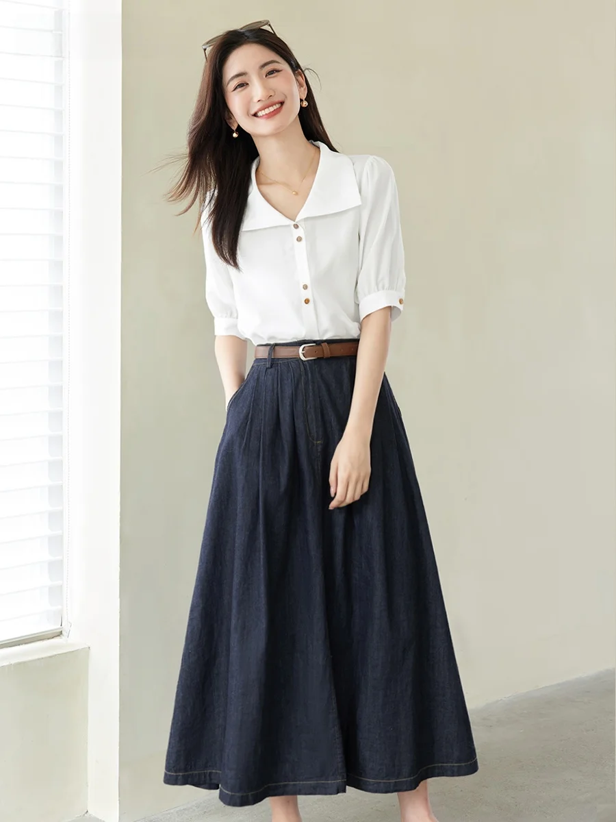 Longvenstein French sle Lapel White Shirt Women 2024 Autumn clothes New Elegant Chic Design Short sleeve Top |