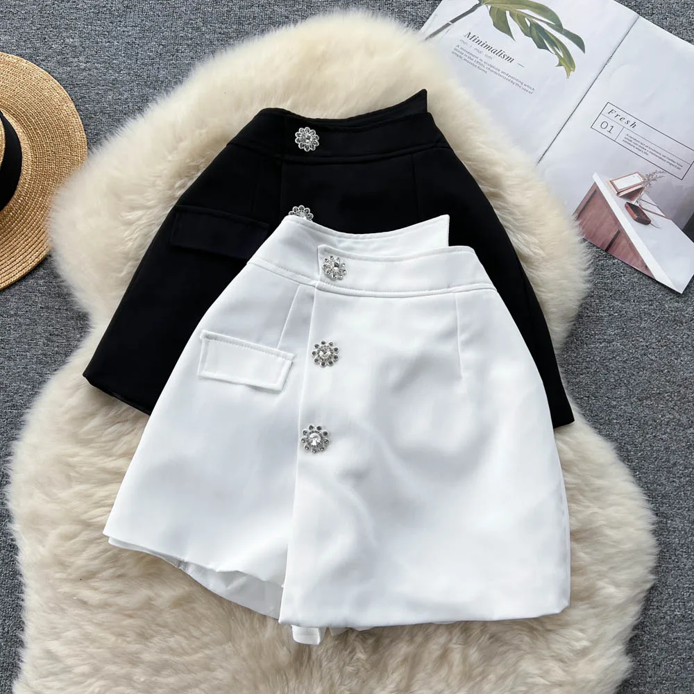 

Асимметричные широкие шорты с высокой талией, универсальные летние юбки из двух частей с карманами и пуговицами со стразами