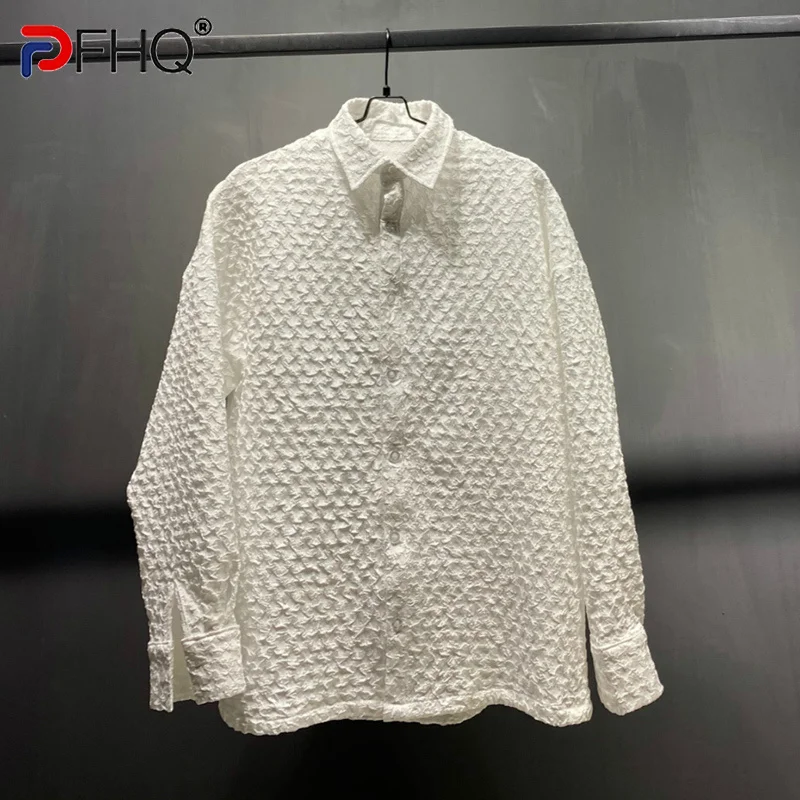 

PFHQ Trendy Niche Design Pleated Bubble Shirt Texture Jacquard Long-sleeved Thin Men's Stylish High Quality Elegant 2023 Spring
