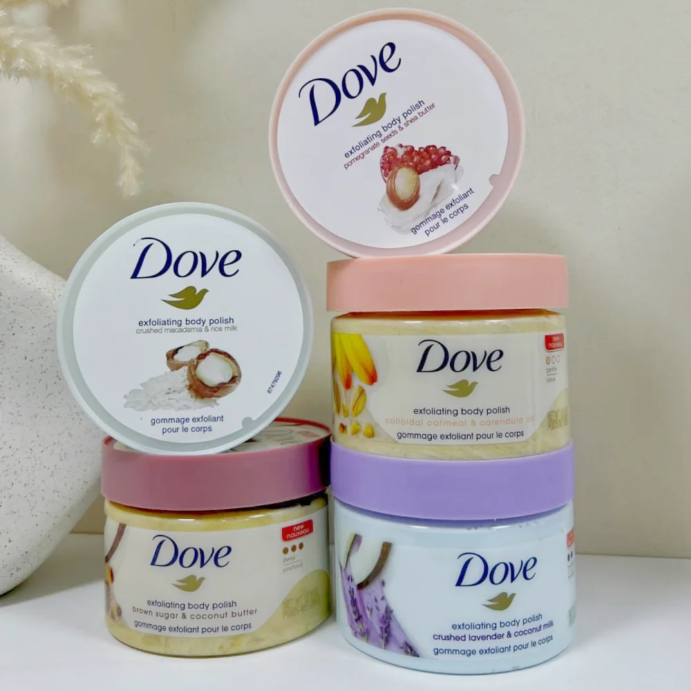 Фото Скраб для тела Dove Exfoliating Body Scrub 298г, увлажняющий и питательный, мягкий отшелушивающий скраб для сухой и огрубевшей кожи, с различными ароматами, уход за кожей. №2