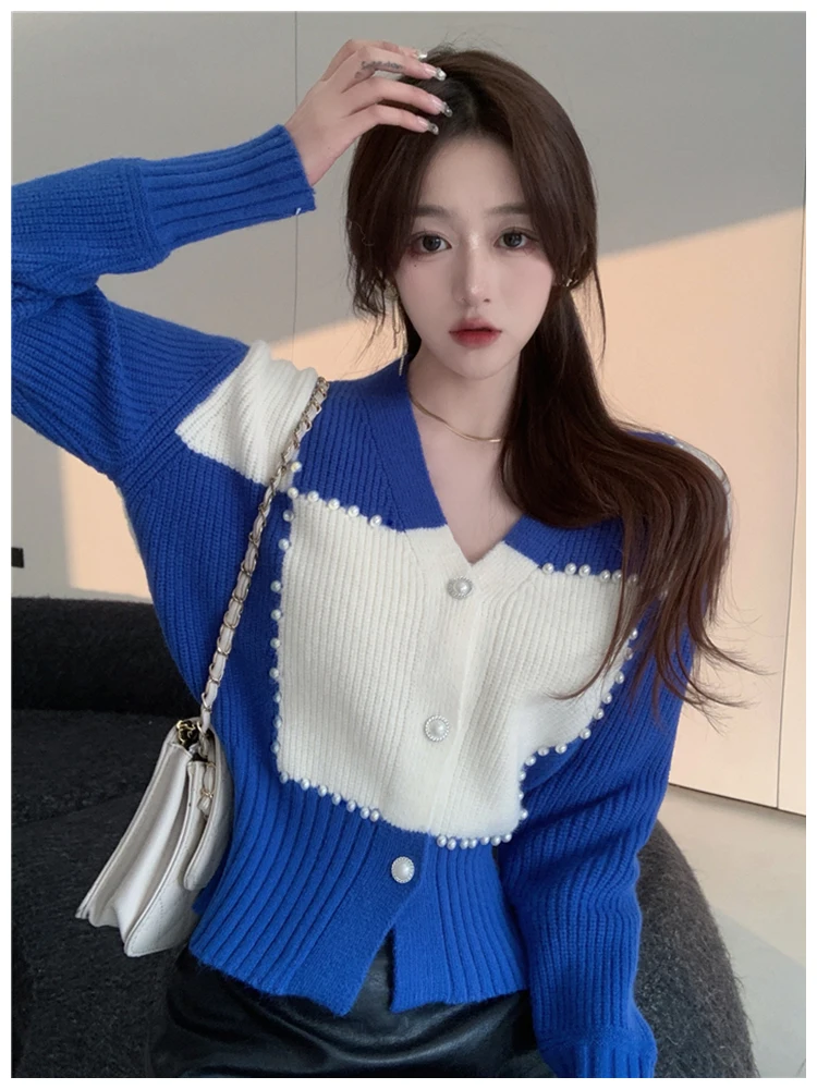 

Slim Short V-Neck Sweater Cardigan Blue White Two Color Korean Style Y2k Clothes Coats Femme Vintage Cardigans Autumn Winter
