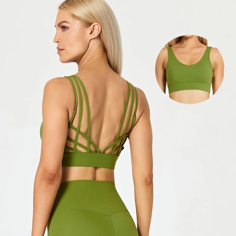 ABS LOLI Strappy  Sports Bra Women Wirefree Padded Medium Support Fitness Yoga Bras V-neck Cross Back Running Workout Tank Tops
