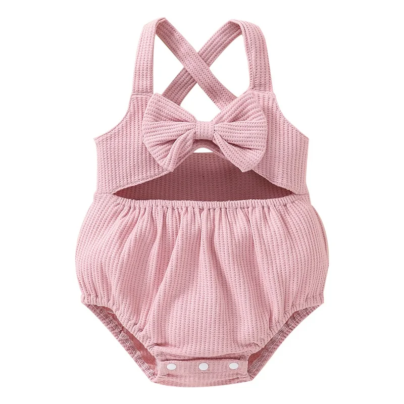 

Baby Girl’s Casual Suspender Romper Fashion Solid Color Bow V-neck Hollow Triangle Jumpsuits