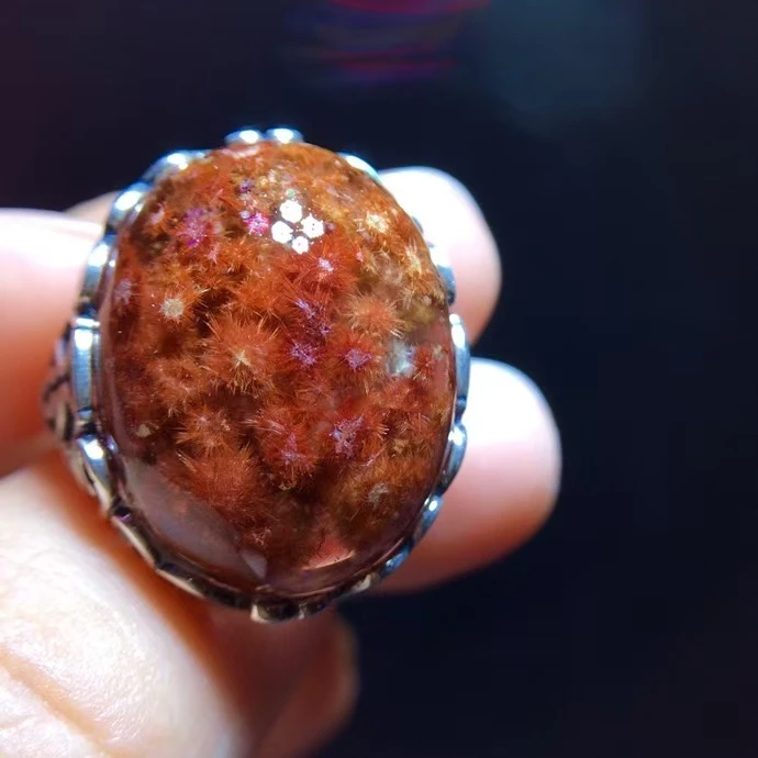 Регулируемое кольцо из натурального золота с рутилированным кварцем цветок