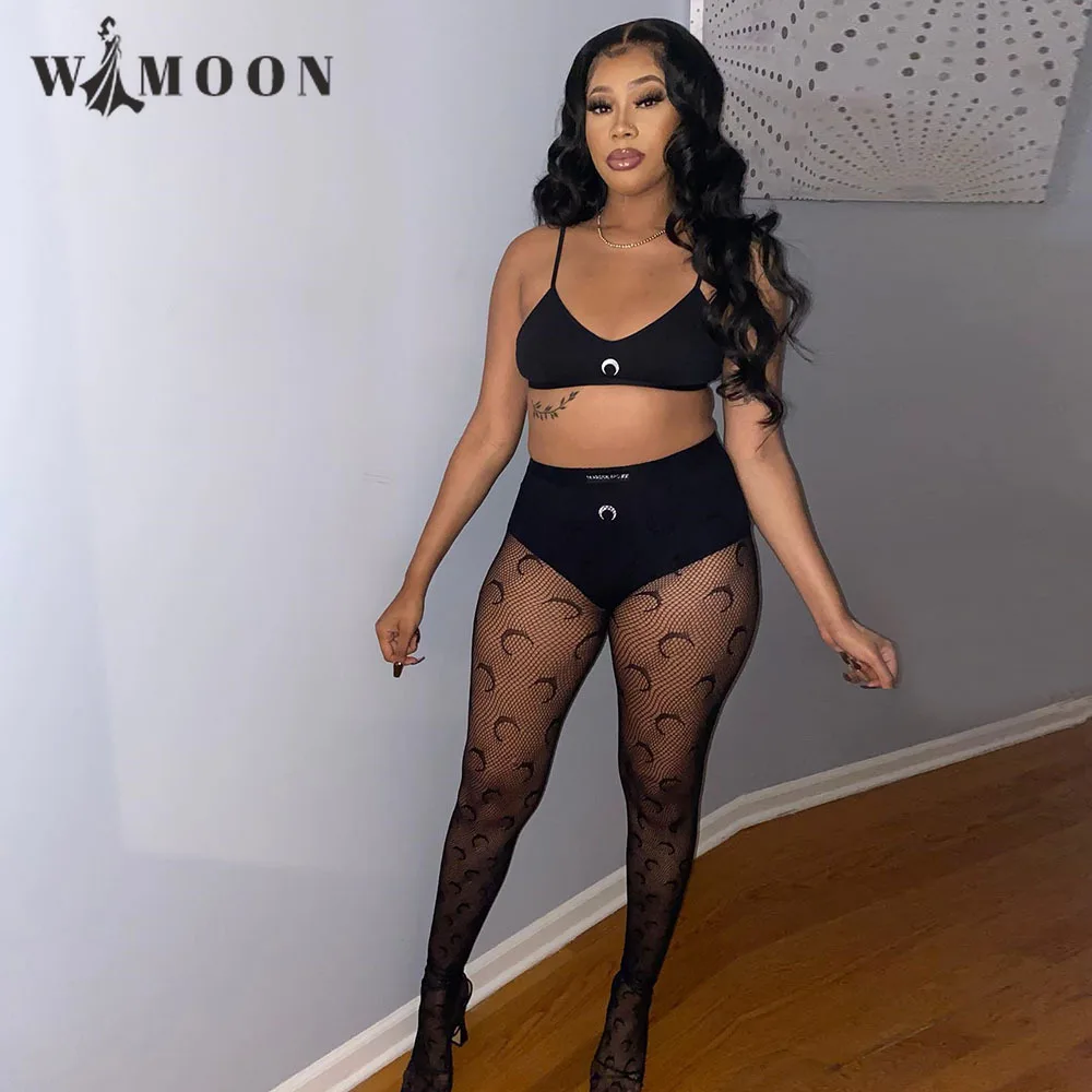 

Mesh Crescent See Through Pants Set Women 2022 Spring Summer Ins New Moon Jacquard Perspective Party Club Fashion Sexy Pant Sets