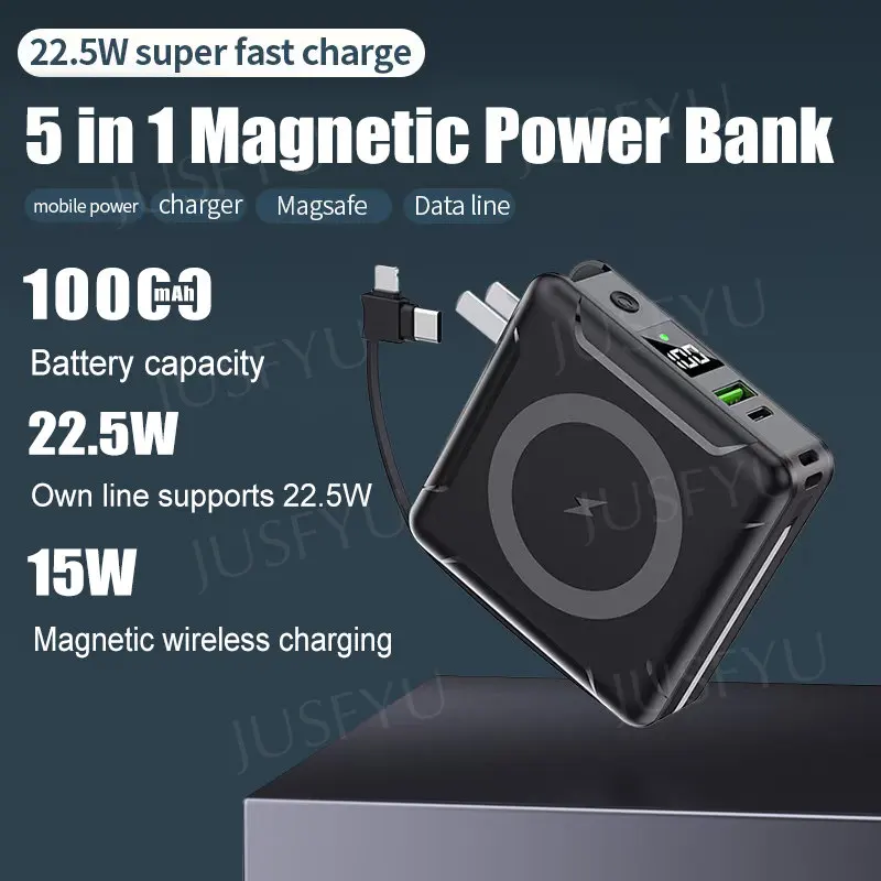 

15W Magnetic Qi Wireless Charger Power Bank 10000mAh for iPhone 12 Samsung Xiaomi Powerbank Built in Cable Plug Type C Poverbank