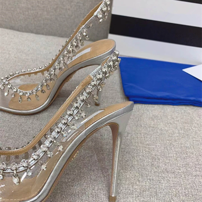 Spring and summer new European and American women's fish mouth high heels transparent rhinestone fashion banquet shoes