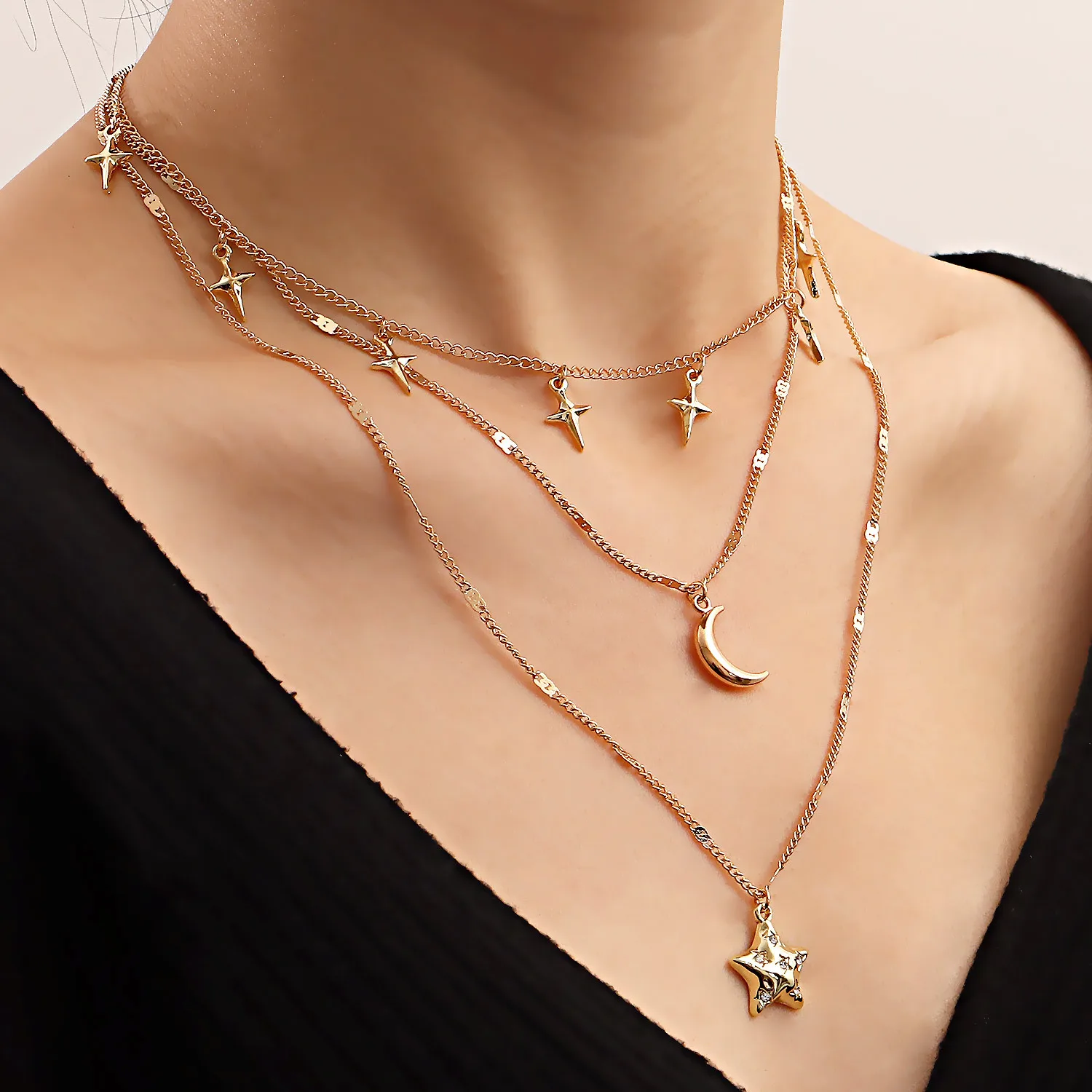 Женское винтажное многослойное ожерелье колье золотого цвета с тонкими звеньями