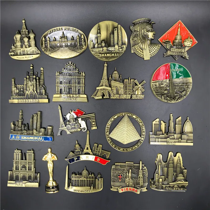 

Metal Fridge Magnet 3D Stereo US Egypt Austria Spain Dubai Russia Shanghai Macau Magnetic Refrigerator Stickers Souvenir Gift