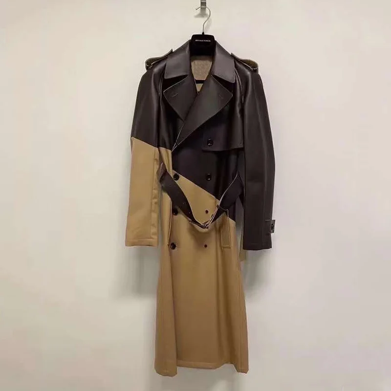 

2023 X-Long Coat Spring Women New Arrival Turn-Down Collar Genuine Leather Jacket Patchwork Cloth Fashion Clothes + FN006