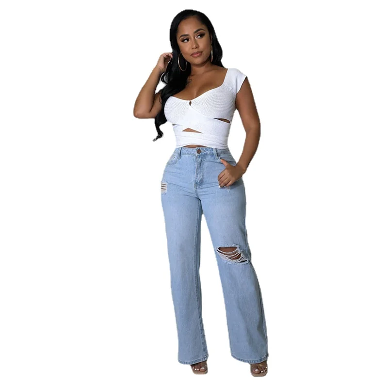 

S-2XL Spring and Summer Straight Pants Women Hole Streetwear Long Denim Vintage 2022 Female Ripped Jeans Wolesale Dropshipping
