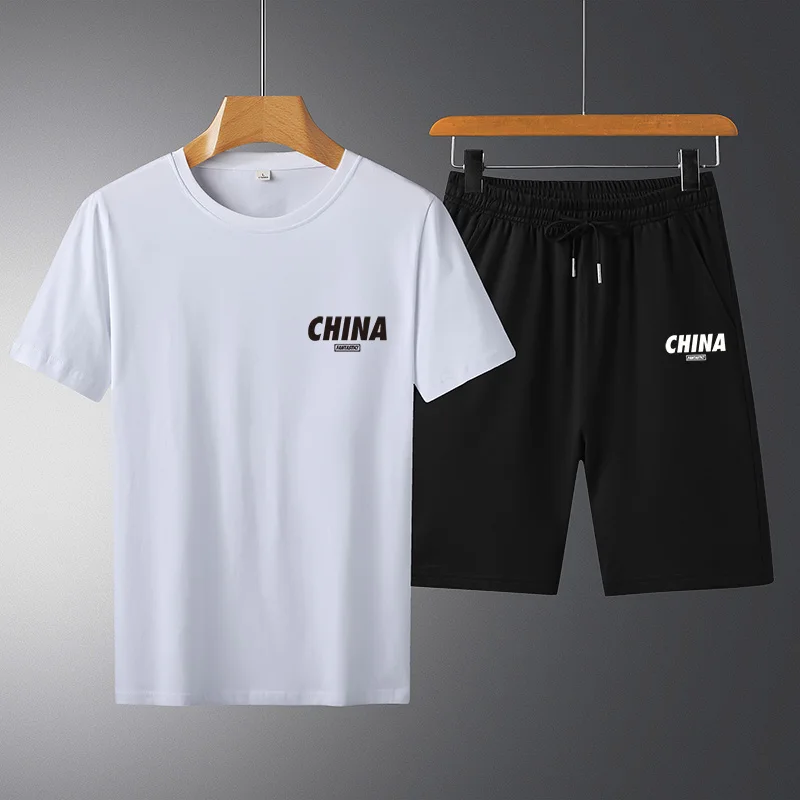 2023 New National Fashion Letter Printed Cotton Short-Sleeved T-shirt Men's Loose Shorts Two-Piece Set Hot Sale Set