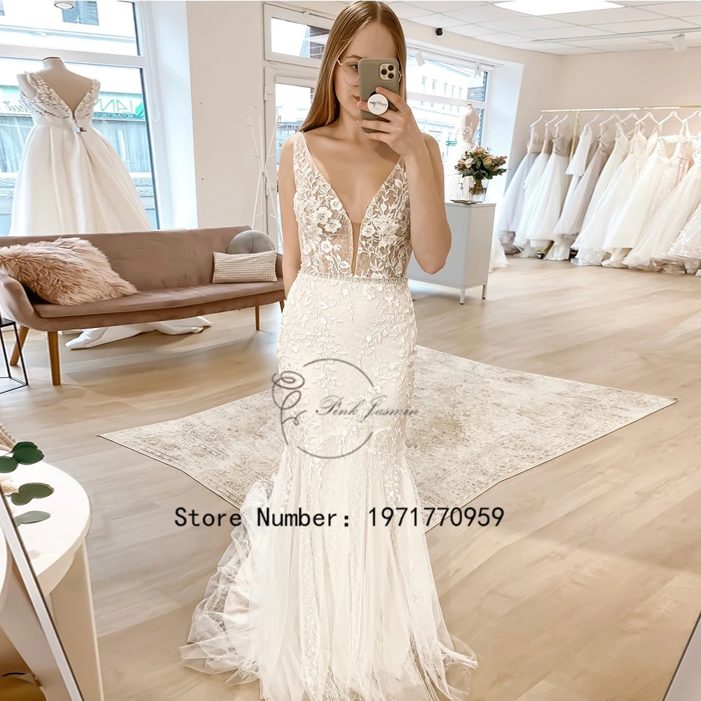 

Classic Mermaid V Neck Ivory Wedding Dresses For Women 2023 Applique Elegant Lace Bridal Gowns With Soft Tulle Vestido De Novia