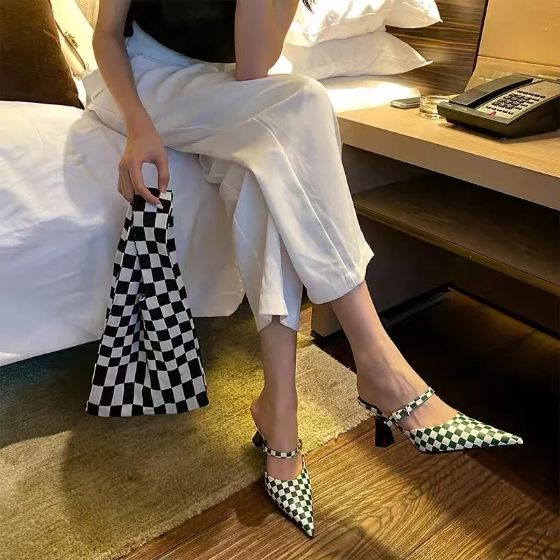 

2022 New spring pointy plaid matching high heels for women versatile retro temperament thin heels for women's single shoes