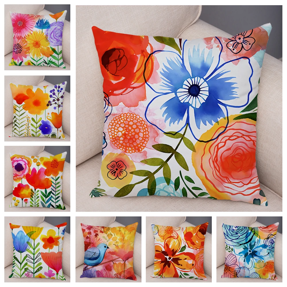 

Watercolor Floal Cushion Cover Decor Flower Bird Colorful Plant Pillow Case for Sofa Home Car Soft Plush Pillowcase 45x45cm