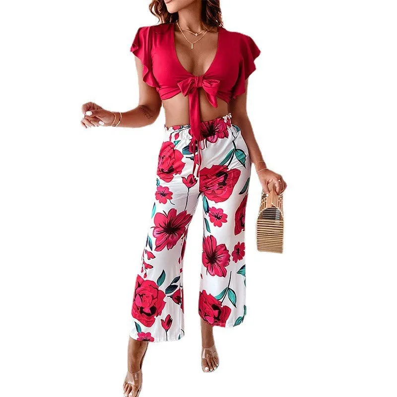 

2 Piece Crop Tops Sets Women High Waist Floral Wide Leg Pant Suits Outfits Summer New Fashion Lace Up Sexy Casual Home Wear Set