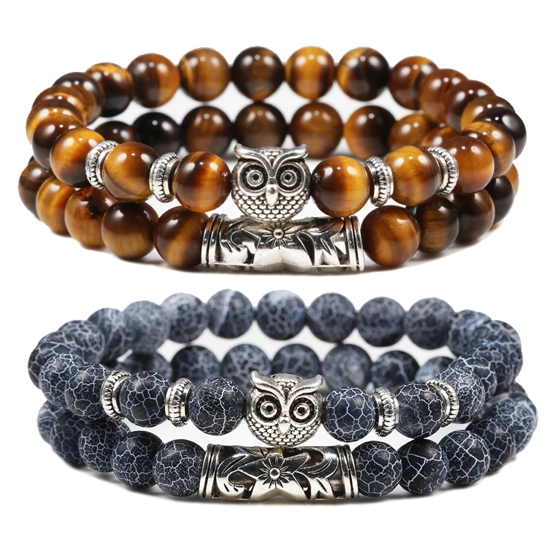 

Black Lava Tiger Eye Weathered Stone Bracelets Bangles Classic Owl Beaded Natural Charm Bracelet for Women and Men Yoga Jewelry