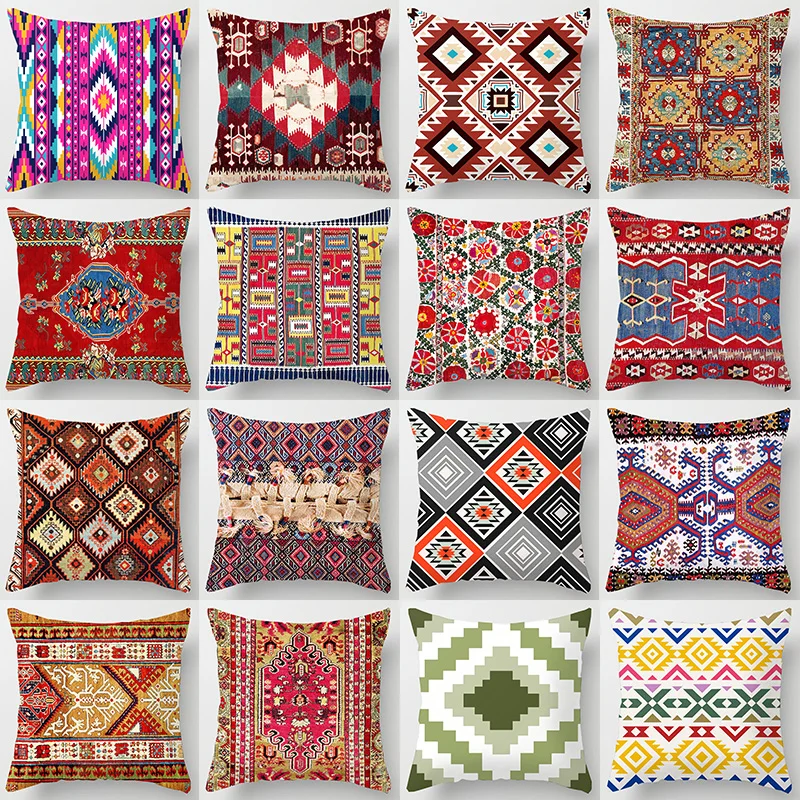 

New Bohemian Color Geometric Pattern Peach Skin Plush Pillow Case National Style Retro Living Room Sofa Pillow Case Cushion