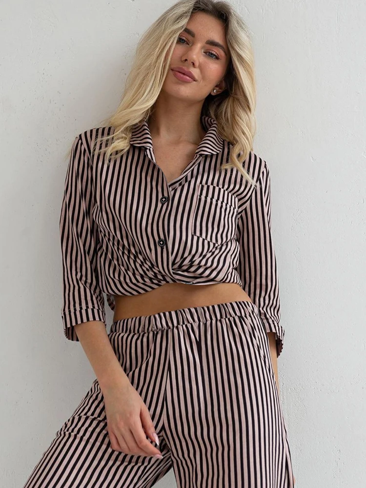 

Hiloc Vertical Striped Pajama Sets For Women 2 Pieces Three Quarter Sleeve Sleepwear Pocket Single-Breasted Women's Set Autumn