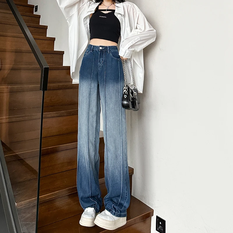 Real time High Waist Super Soft Gradient Tencel Wide Leg Jeans Women's Pants Blue Summer New Straight Loose Sweeping Floor Pants