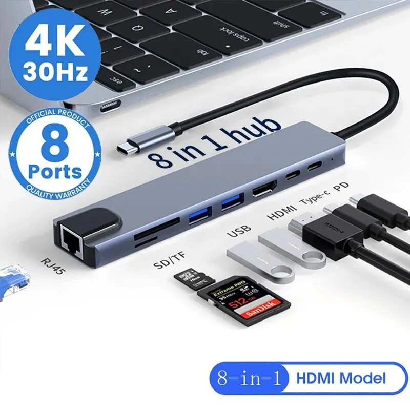   8in1 USB C HUB 타입 C 스플리터 4K 썬더 볼트 3 도킹 스테이션 노트북 어댑터 맥북 에어 M1 아이 패드 프로 RJ45 HDMI 컴퓨터 