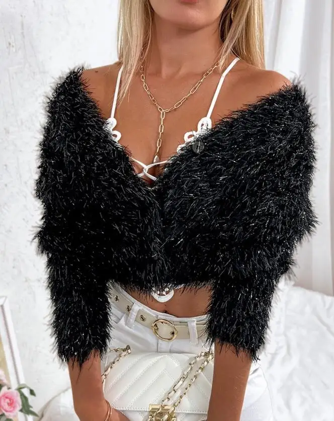 

2022 New Sweater Cardigan Fuzzy Glitter Long Sleeve Buttoned Top Autumn Spring Winter Casual Crop Top Coat
