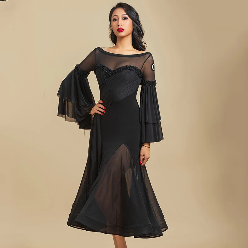 

Женское черное Сетчатое платье с рукавами-фонариками, платье для выступлений и танцев румбы, Танго, DN13244