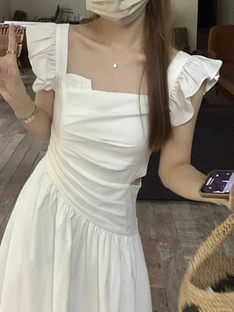 2023 Summer Elegant Vintage Midi Dress Women Hollow Out Causal Party Dress Lady One Piece Dress Korean Fashoin Chic