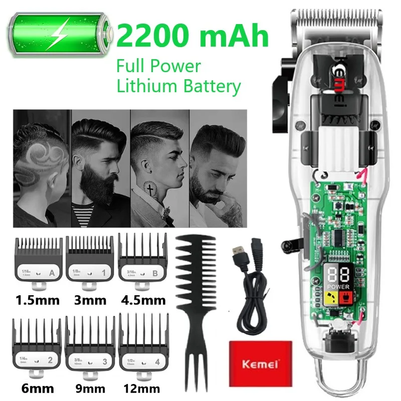 

Kemei KM-NG108 USB Transparent Body Hair Cutting Machine Electric Cordless Hair Trimmer Barbershop Professional Clipper for Men