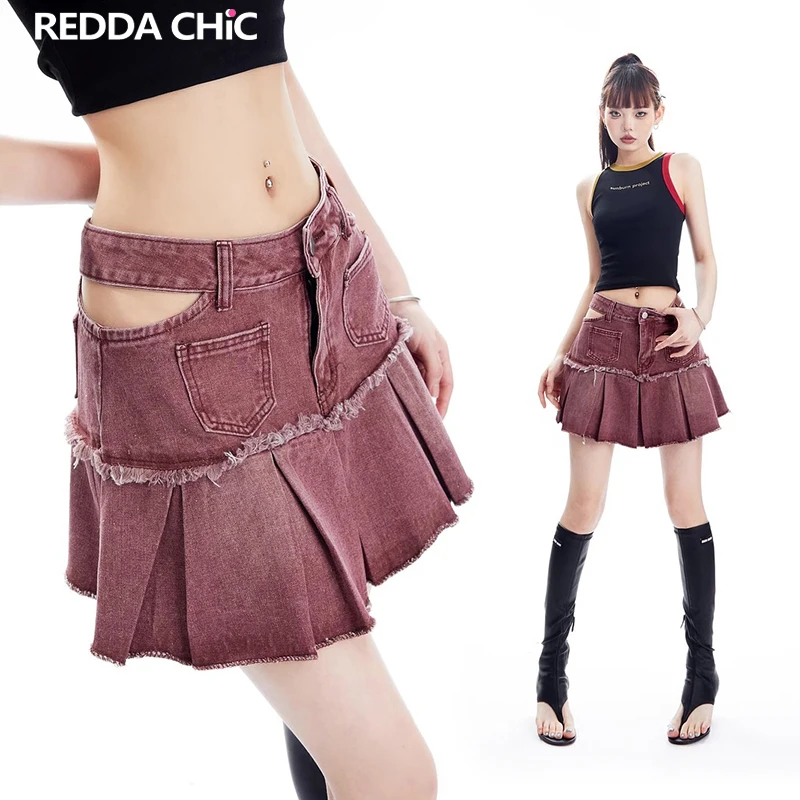 

ReddaChic Women Denim Mini Pleated Skirt Cut-out Low Rise Splice Raw Edge Jean Bottoms 90s Aesthetics Grunge Y2k Vintage Clothes