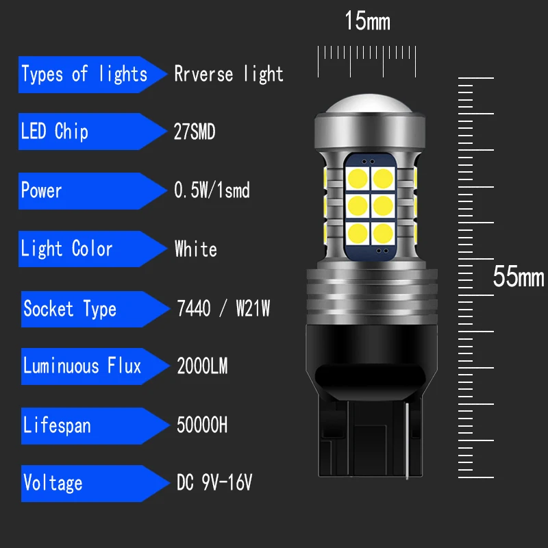 2pcs Car LED Reverse Light Bulbs Backup Lamp W21W 7440 T20 Canbus Free Error For Ford Kuga 3 2019-2021 Ranger Explorer 2013-2019 |