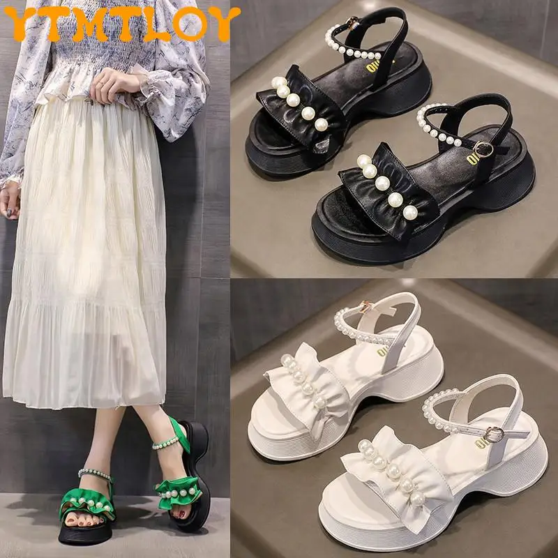 

Pearl Thick-soled Sandals Women's 2022 New Summer All-match Heightened Retro Fairy Wind French Word With Beach Shoes Sandaly