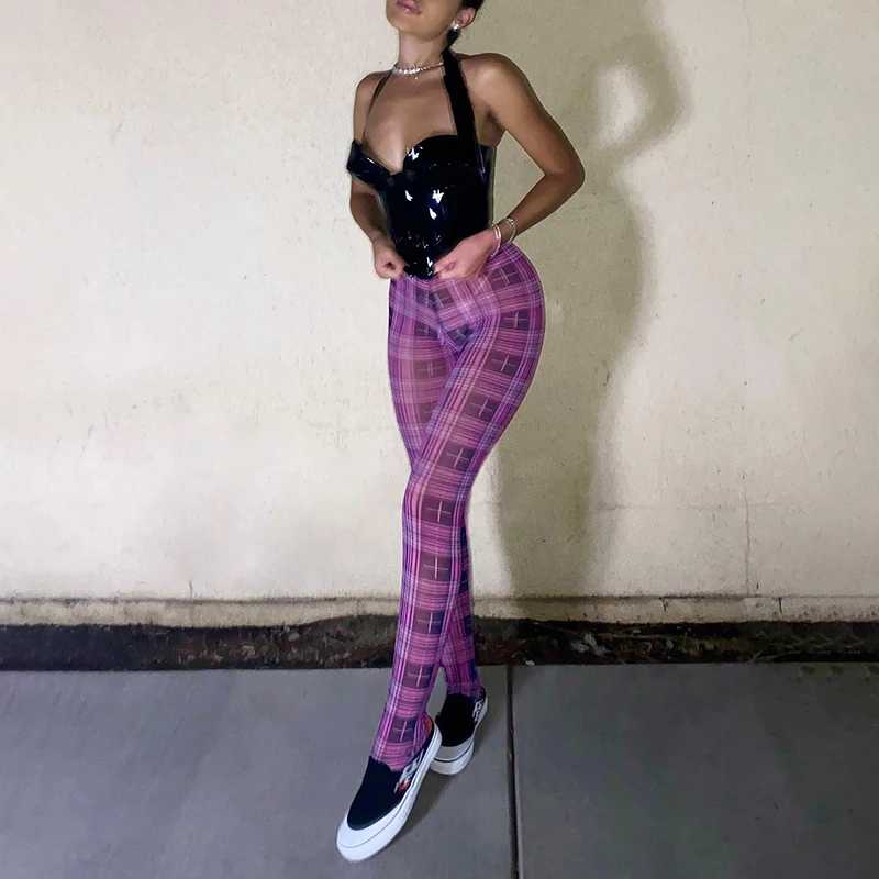 

Ladies Women Sexy Mesh Sheer See Through Striped Leggings Pants High Waist Bodycon Purple Slim Legging Pants Trousers Streetwear