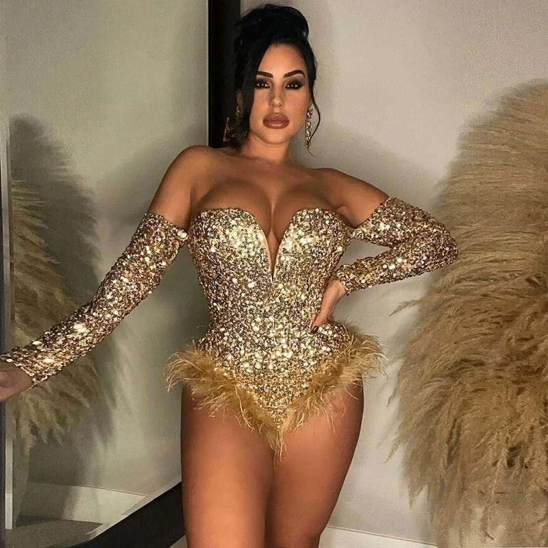 

Women Solid Vintage Sequined Feather Patchwork Jumpsuits Off The Shoulder Long Sleeve Plunging V Neck One Piece Overall Rompers