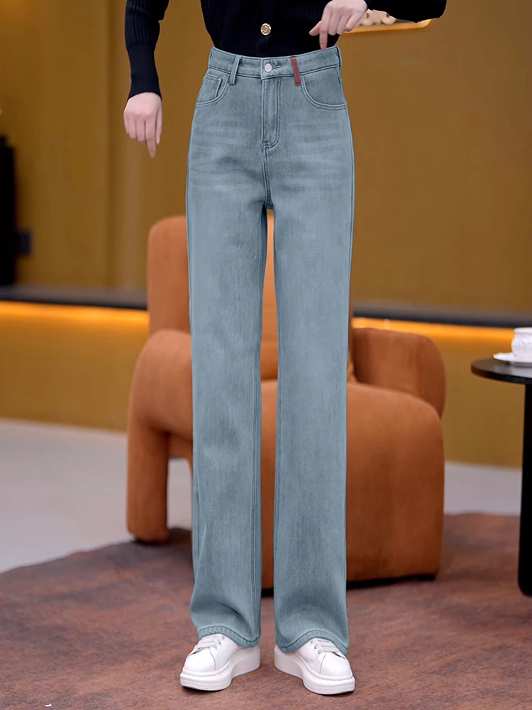 Большие размеры толстые широкие джинсы на флисовой подкладке женские зимние 2024