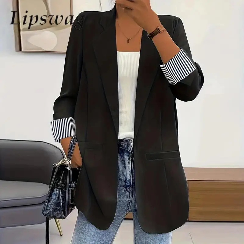 

Простой шикарный черный блейзер, пальто, повседневный Модный облегающий костюм с длинным рукавом, женская верхняя одежда в стиле пэчворк, полосатый кардиган в стиле Харадзюку, куртка, топы