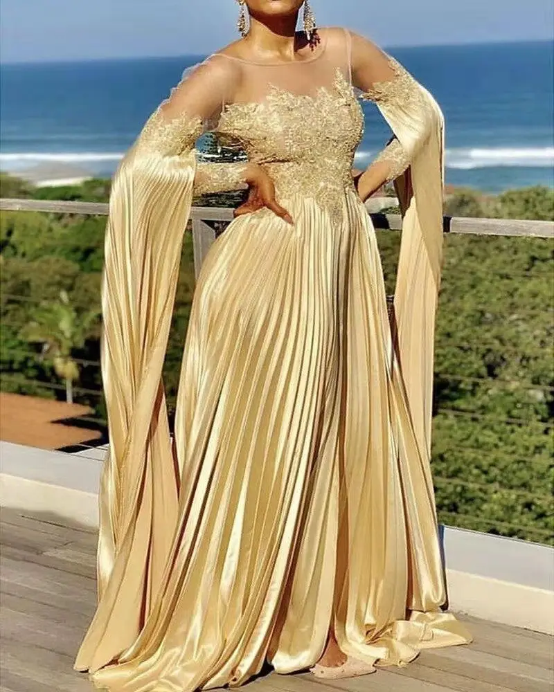 PLEINDI Luxury Evening Dresses O-Neck A-LINE Long Sleeves Floor-Length Chiffon 2022 New of Ruched Exquisite Prom Women Dress