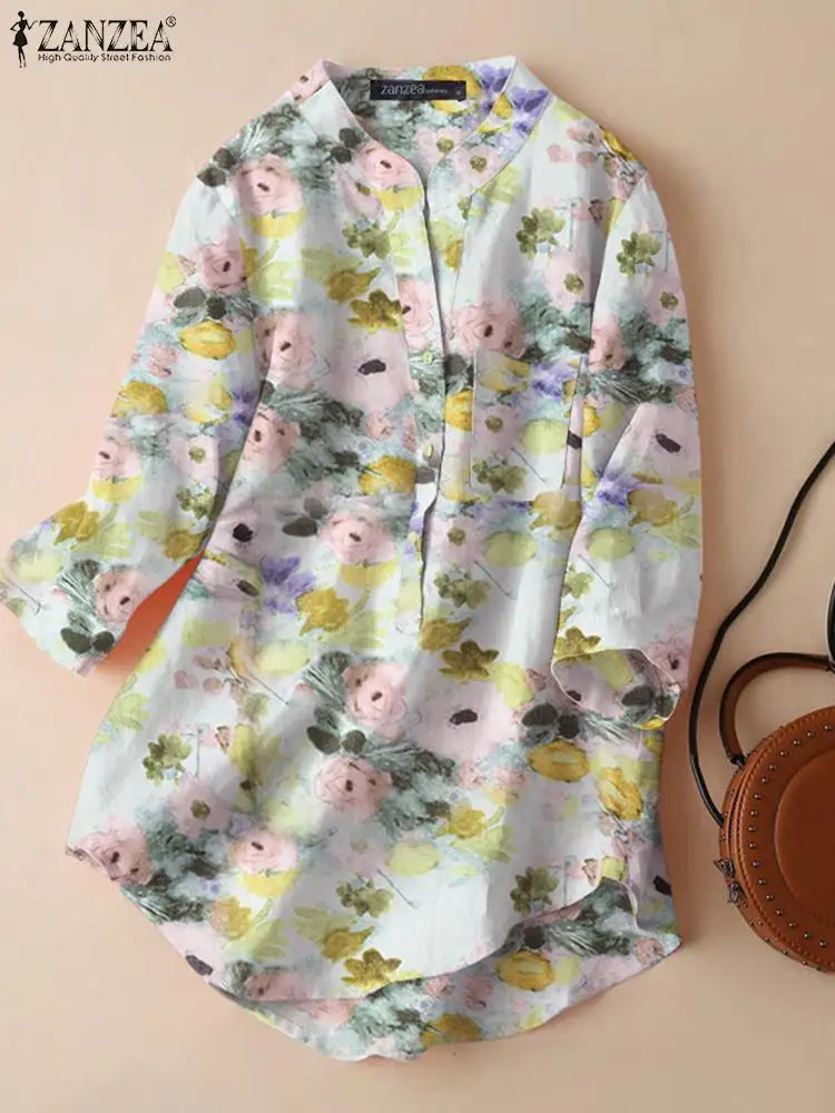 

ZANZEA Casual Round Neck Blouses Summer Floral Print Women Button Up 3/4 Sleeve Smock Tops Fashion Rounded Hem Oversize Shirts
