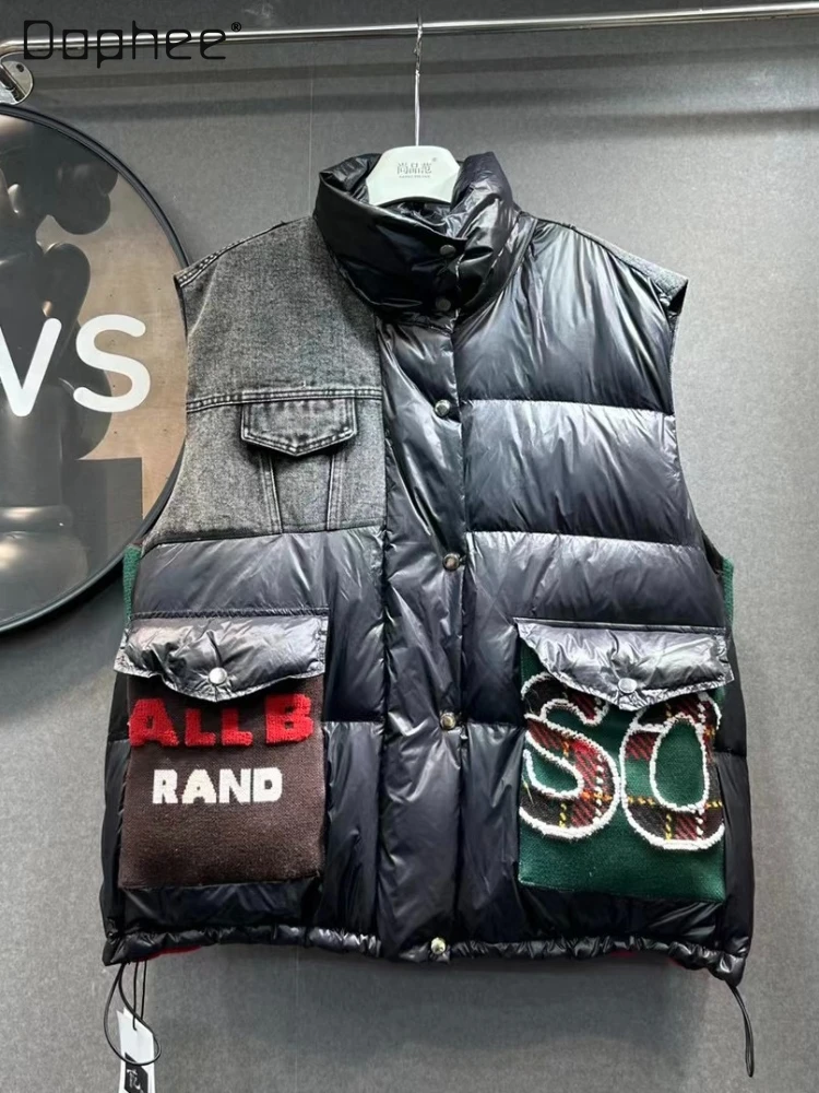 

Fashionable Denim Patchwork Knitting Down Vest for Women 2023 Winter New Loose and Warm White Duck Down Sleeveless Coat Female