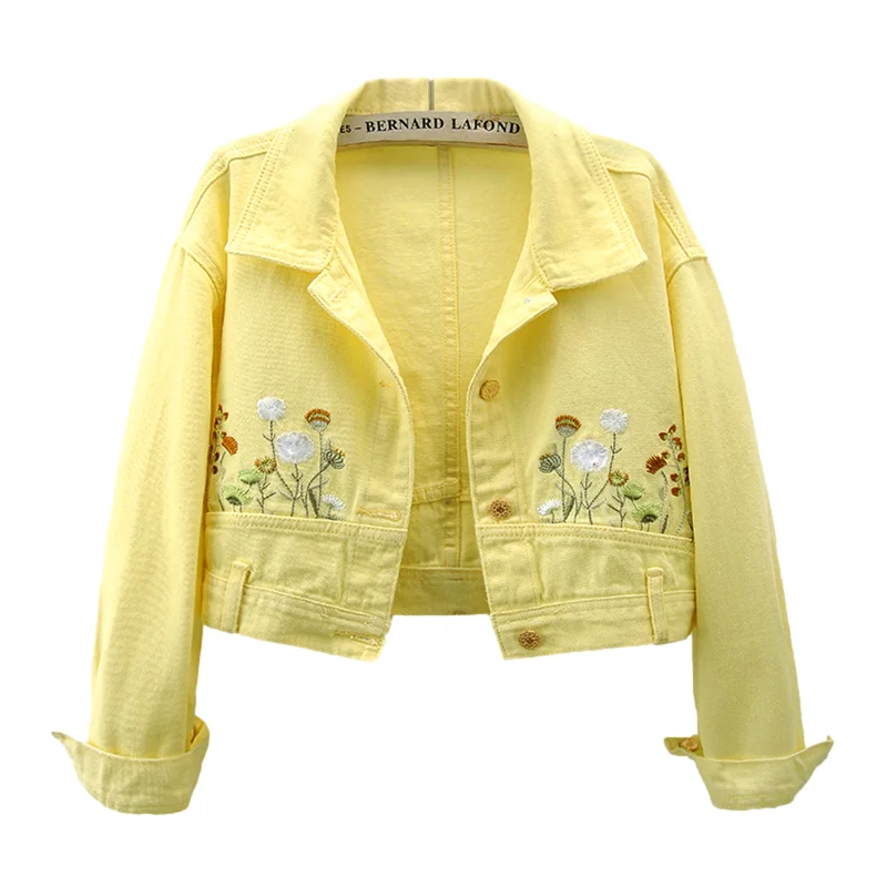

Корейская модная желтая джинсовая куртка с вышивкой, Женская облегающая короткая Студенческая ковбойская верхняя одежда, осенняя Повседневная джинсовая куртка, пальто для женщин