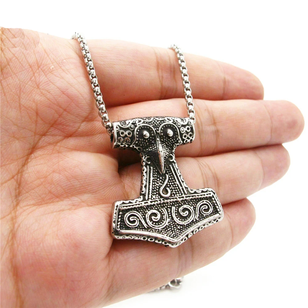 

Mens Viking Raven Mjolnir Pendant Necklace Sigil Talisman Stainless Steel