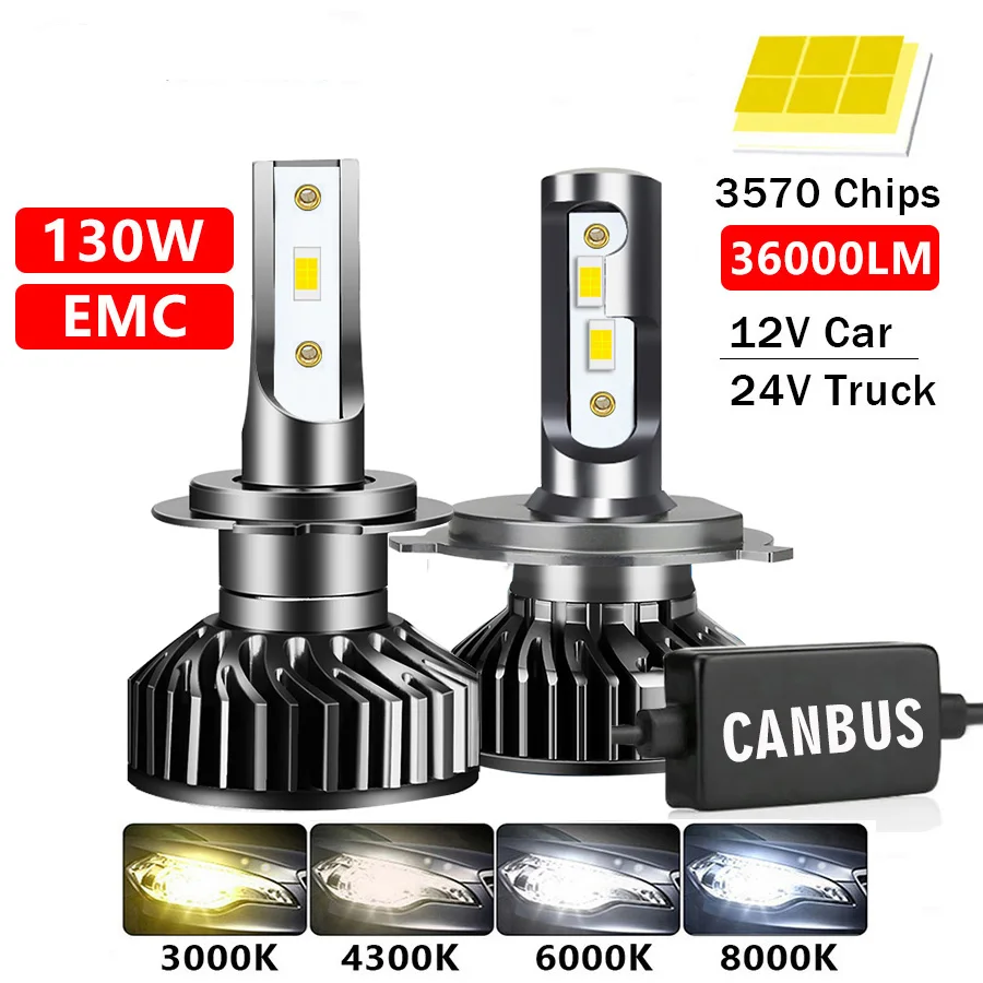 

130 лм 4300 Вт 6000K 8000K 9005 K HB3 HB4 9006 H1 H3 H8 H9 H11 лампа Canbus EMC H7 H4 Led12V Автомобильная фара для грузовика 24 В