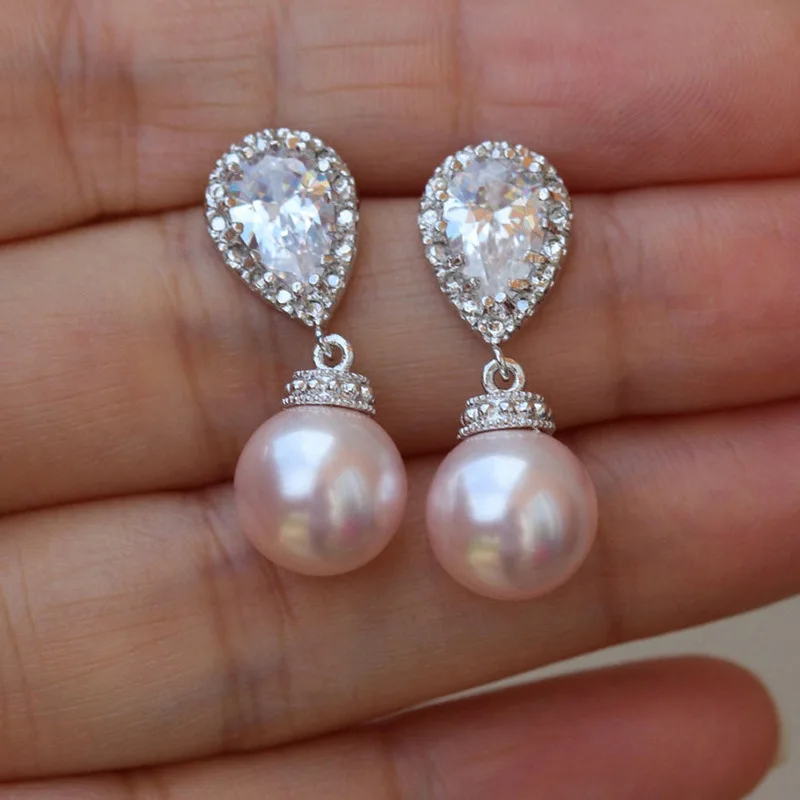 

Sparkling Waterdrop Diamond Cubic Zirconia Silver Ladies Fashion Dainty Cute Imitation White Pink Pearl Drop Earrings for Women