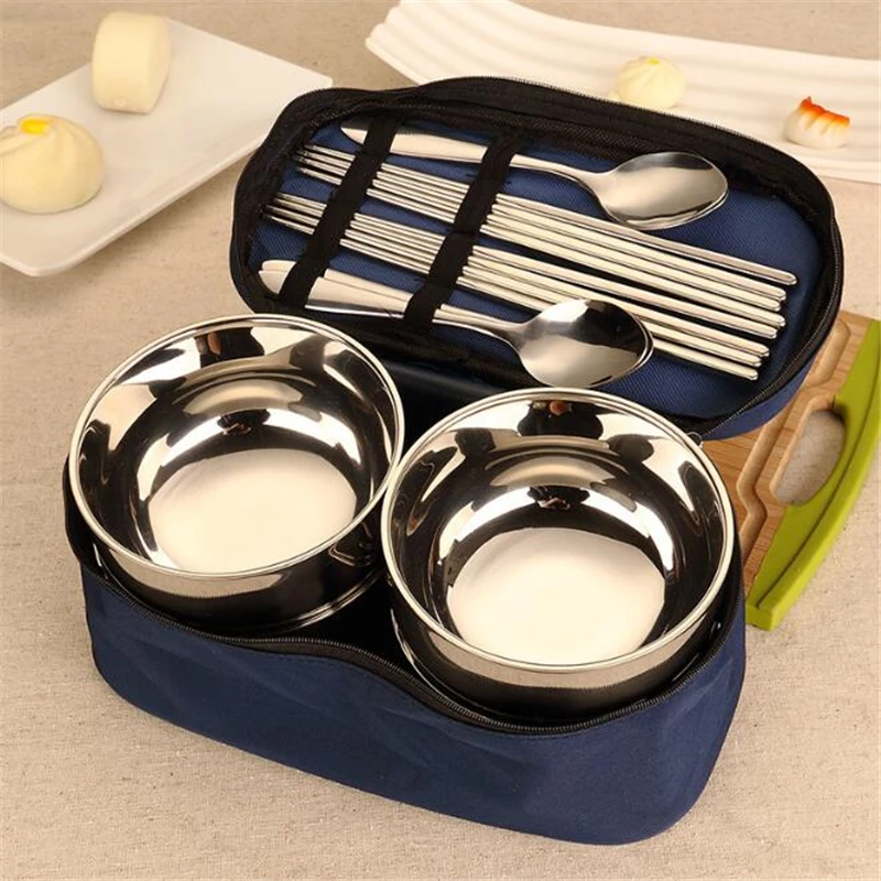 

Outdoor Stainless Steel Tableware Camping Cutlery Foldable Chopsticks Spoon Bowls Picnic Tourist Set Bag Dinnerware Travel Tools