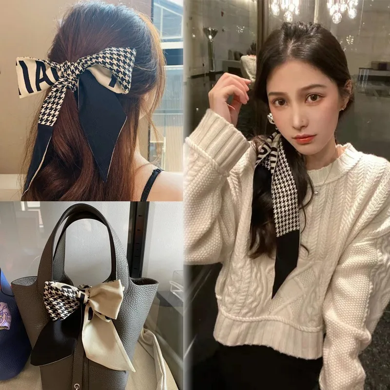 

Маленький шелковый шарф для женщин, дизайнерский брендовый принт с ручками, сумка, ленты, брендовый модный головной шарф, маленькие длинные ...