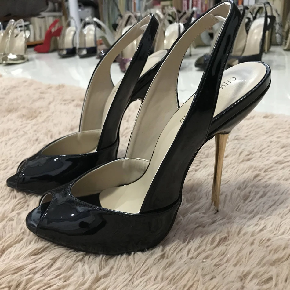 Women Stiletto Thin Iron High Heel Sandals Sexy Sling Back Peep Toe Black Patent Party Bridal Ball Lady Shoe 3845-g