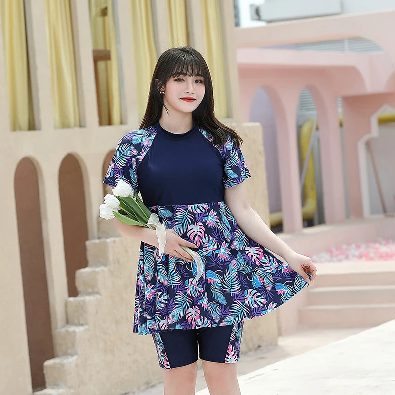 Big Size Swimsuit Woman 2023 Short Sleeve Two Piece Swimwear Conservative Swimming Suit Boxer Bottom High Waist Beachwear