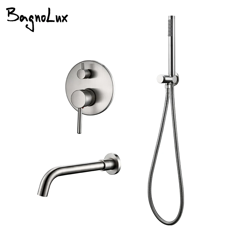 Bathtub Mixer Tap Set Shower Hot And Cold Bathroom Faucet Brushed Stanless Steel Diverter With Wall Mount Spout Handheld Hose