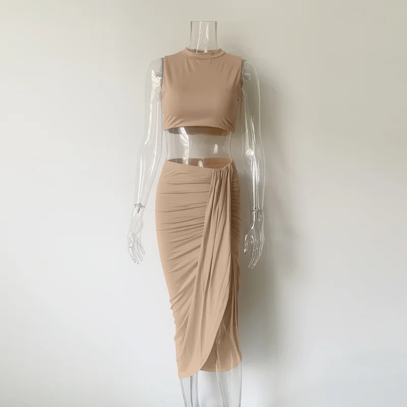 

European and American Style Sexy Spicy Girl Skirt Set Solid Color Open Navel Top+Split Twisted Mid length Skirt Two Piece Set