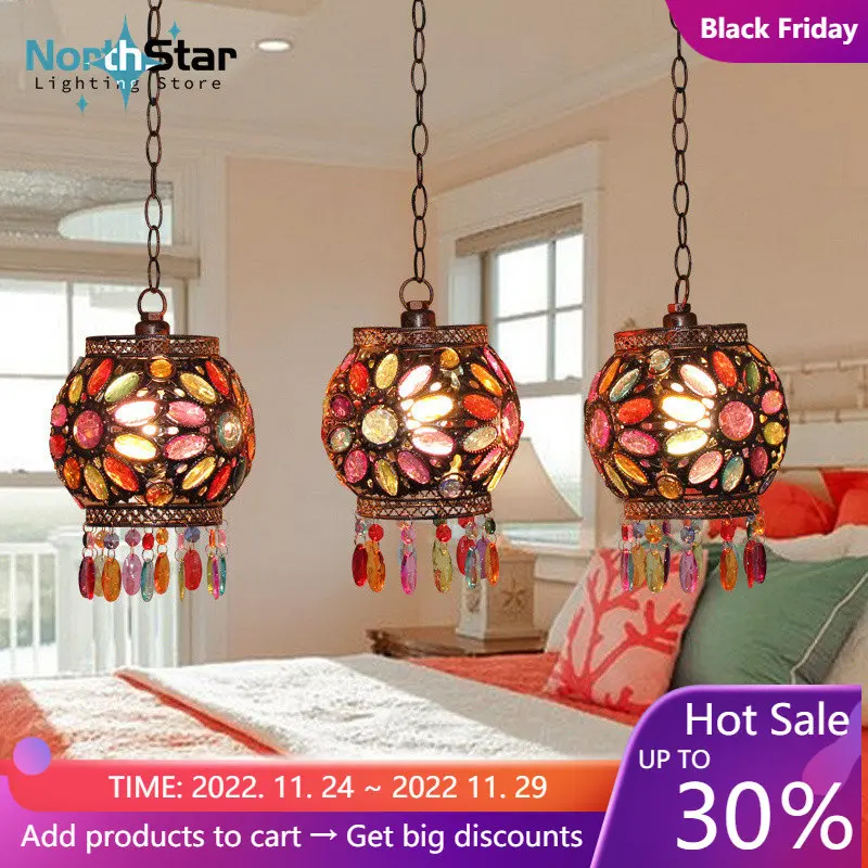 

Turkish Pendant Light Vintage Iron Art Deco Colorful Glass Lampshade Romantic Hanging Lamp Lantern for Dining room Bedroom